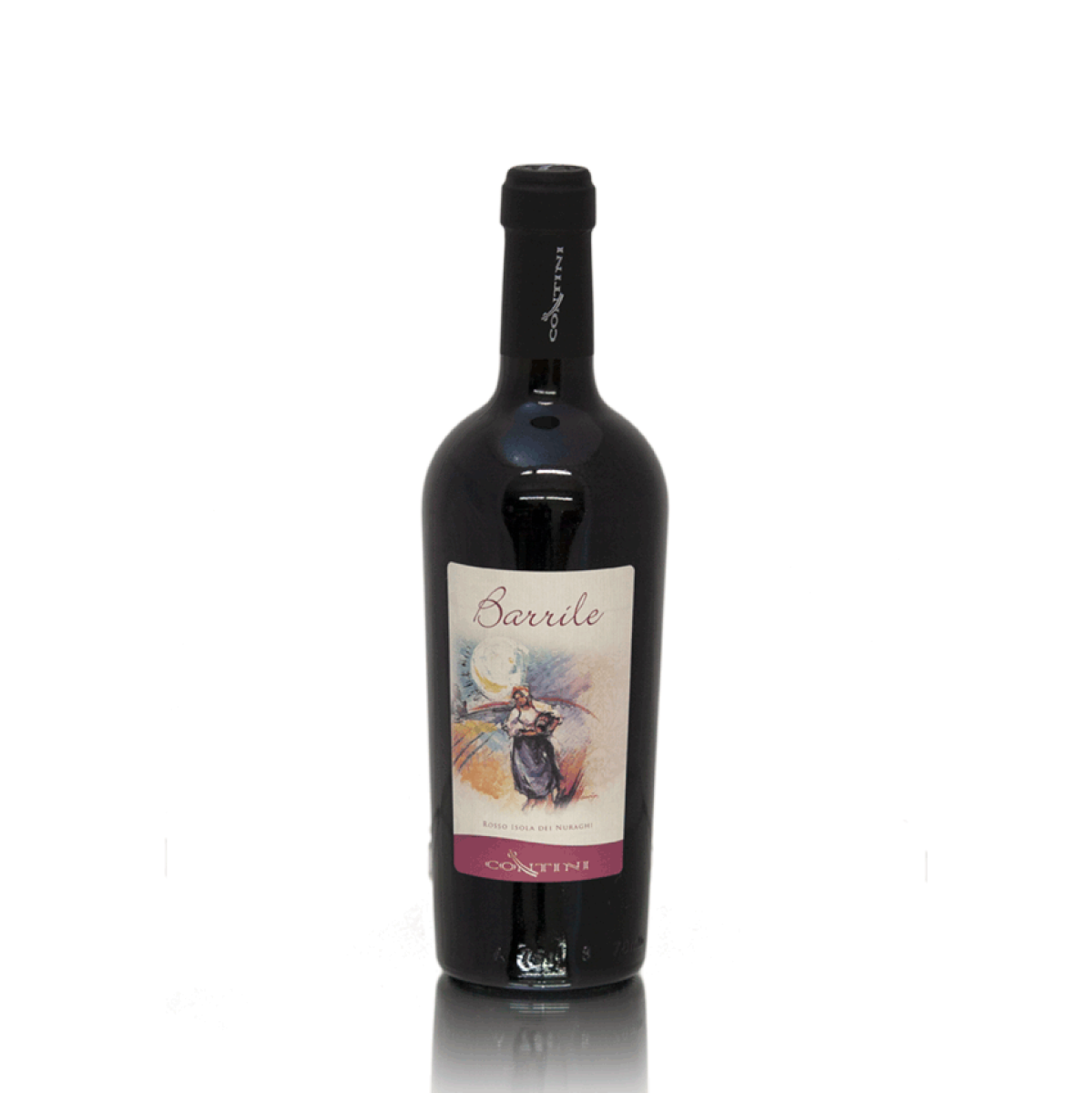 Weinflasche, Barrile, Spitzenrotwein von Contini aus Cabras, Sardinien